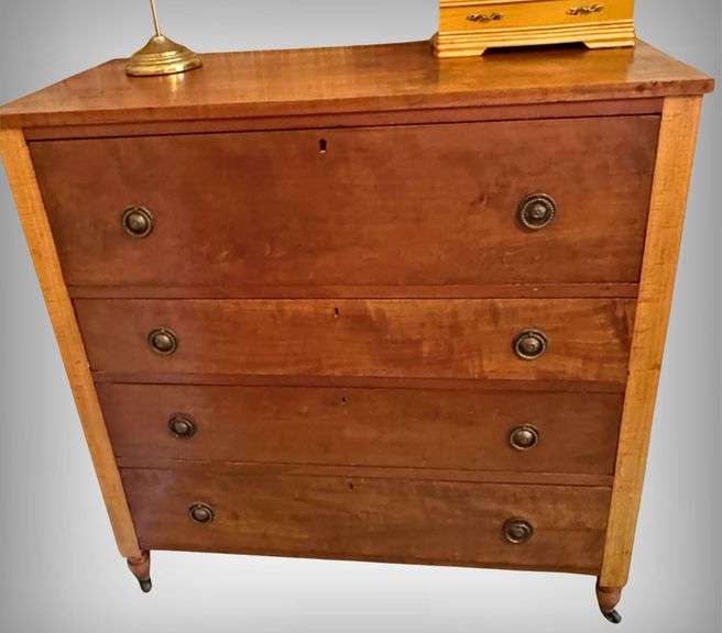 Beautiful 1850’s Four-Drawer Curly Maple Chest with Brass Pulls