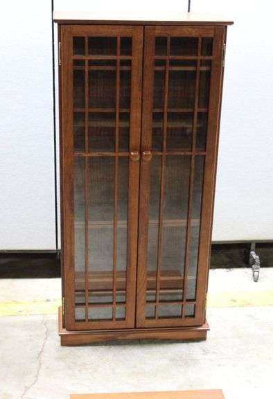 Wooden Display Cabinet with Glass-Paneled Doors and Shelves