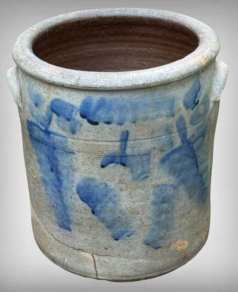 Stoneware Crock with Blue Cobalt Decoration and Handles
