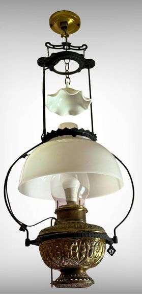 Ornate Hanging Brass and Glass Kerosene-Style Pendant Lamp