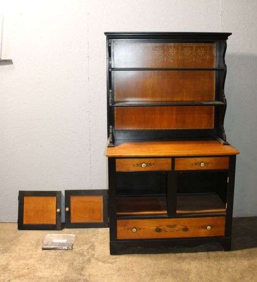 Two-Piece Painted Wood Hutch with Stenciled Design and Storage Drawers