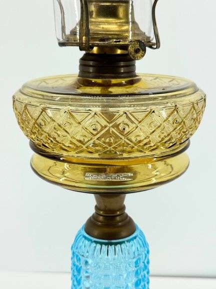 Beautiful Antique “1000 Eye” Blue and Amber Glass Oil Lamp with Brass Accents