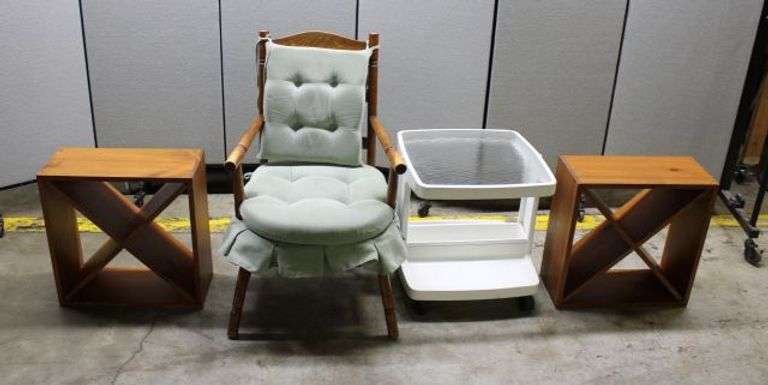 Five-Piece Furniture Lot Including Chair, Side Table, and Two Wooden Cubes