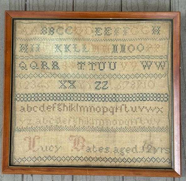 Antique Framed Needlepoint Sampler with Alphabet and Numbers