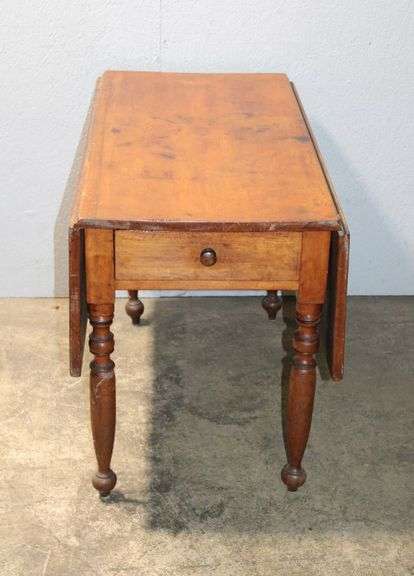 Drop-Leaf Wooden Table with Single Drawer and Turned Legs