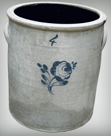 4-Gallon Stoneware Crock with Cobalt Blue Floral Decoration