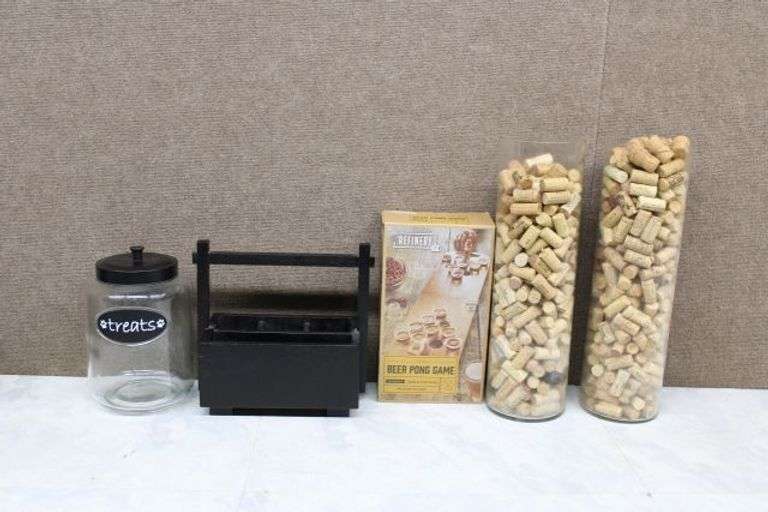 Glass Jars, Wooden Beer Pong Game, and Decorative Wine Corks