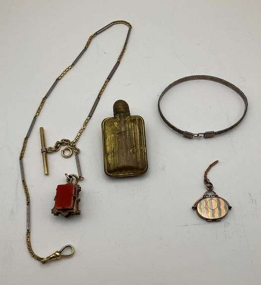 Antique Agate Locket with Chain, Antique Perfume Bottle, Sterling Silver Bracelet and Gold Locket