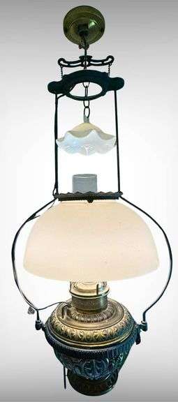Ornate Hanging Brass and Glass Kerosene-Style Pendant Lamp