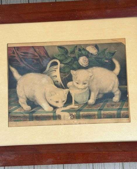 Adorable Original Currier and Ives Framed Victorian-Style Print of Kittens With Milk