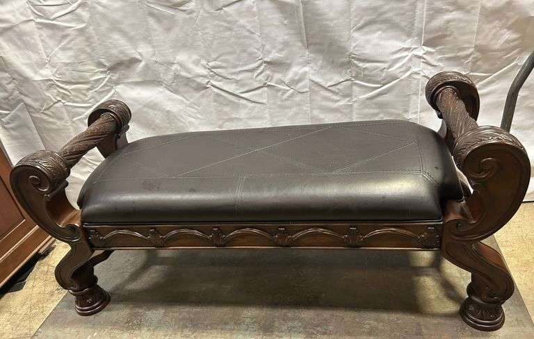 Ornate Carved Wood Bench with Rolled Arms and Faux Leather Seat
