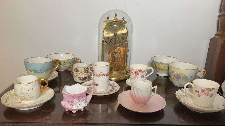 Anniversary Clock, Assorted Tea Cups and Saucers