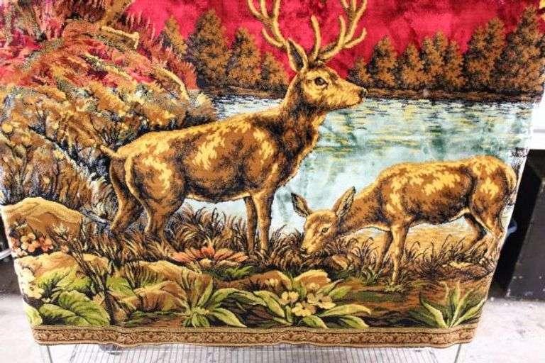 Rectangular Textile Wall Hanging With Deer and Landscape Motif