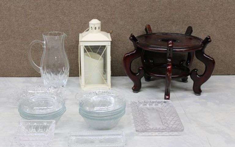 Glass Tableware Assortment, Lantern with Candle, and Wooden Stand