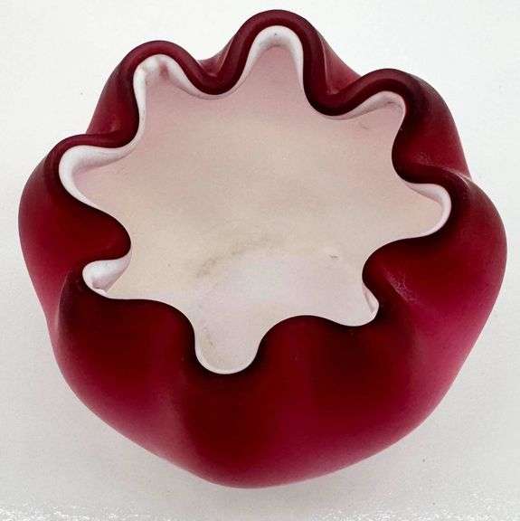Victorian Pink Satin Glass Rose Bowls with Ribbed Ruffled Rim