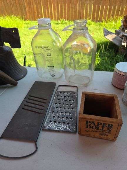 Cheese grater, large milk bottles