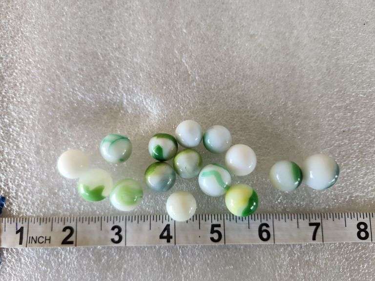15 Assorted Vintage Green/White Marbles