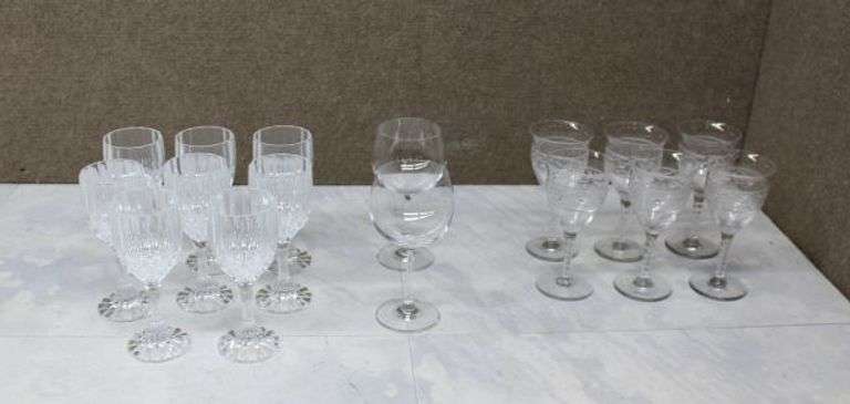 Clear Stemware Including Ribbed Crystal and Etched Glass Goblets