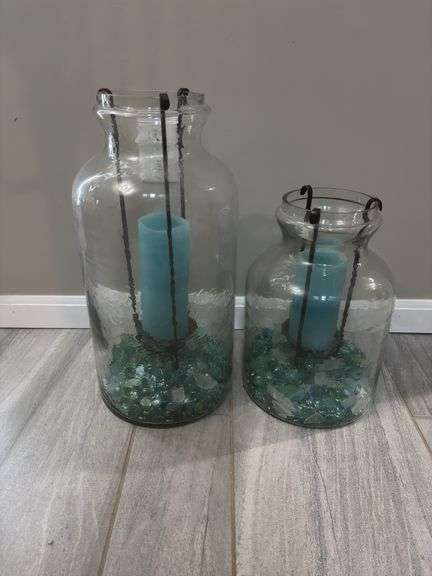 Set of Glass Jars w/ decor glass rocks & Battery Candles