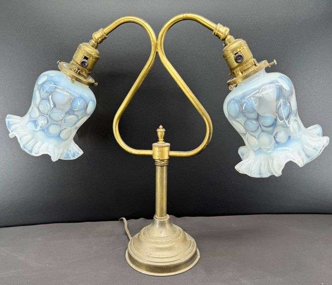 Early FENTON Coin Dot Double Goose Neck Brass Table Lamp