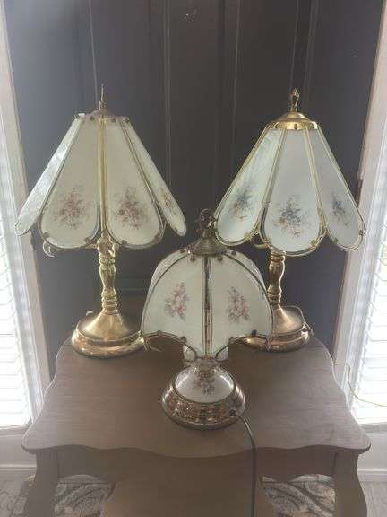 3 Vintage Gold/Glass Floral Table Lamps