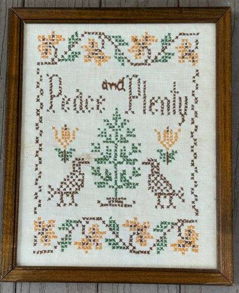 Vintage Framed Hand-Stitched ‘Peace and Plenty’ Embroidery Sampler