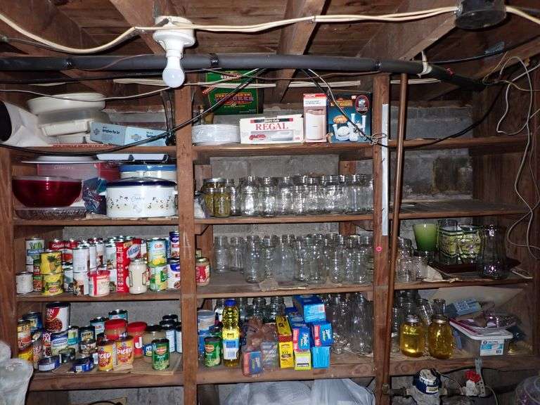 Cleanout Rights to shelves - OLD Canning Jars - Storage - Boxed Appliances - Vases - Canned food
