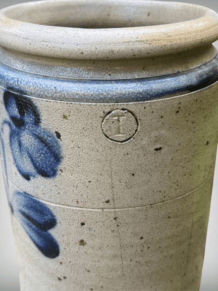 Beautiful 19th C Stoneware Double Clover Peter Herrmann Crock Cobalt Blue 10″