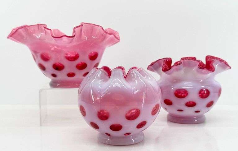 Vintage Fenton Cranberry Opalescent Coin Dot Glass Vases