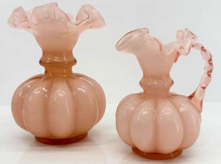 Vintage Fenton Melon Glass Ruffle Top Pitcher and Vase in Rose Overlay