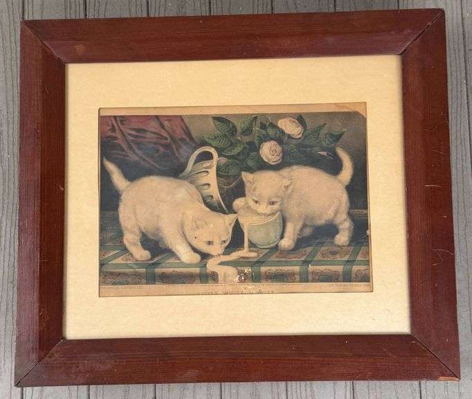 Adorable Original Currier and Ives Framed Victorian-Style Print of Kittens With Milk