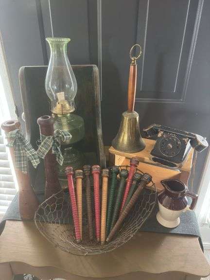 Antique Lot: Oil lamp/Bell/Candle Holders/Basket