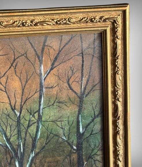 Large Vintage Framed Winter Landscape Original Oil Painting with Gold Ornate Frame
