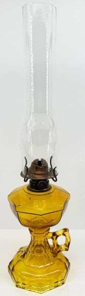 Amber Glass Oil Lamp with Metal Burner and Chimney