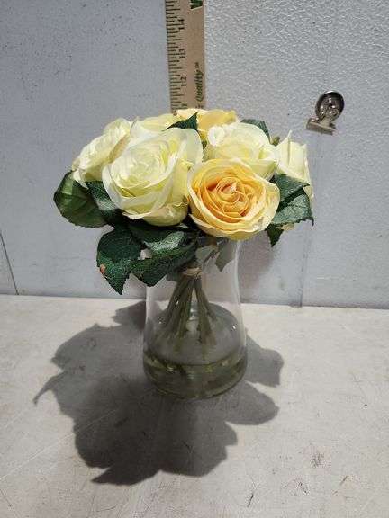 Artificial Flowers Set In Resin Glass Vase 10'' Tall