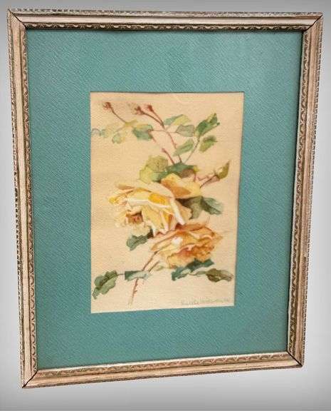 Beautiful Vintage Framed Watercolor Painting of Yellow Roses Signed by Artist