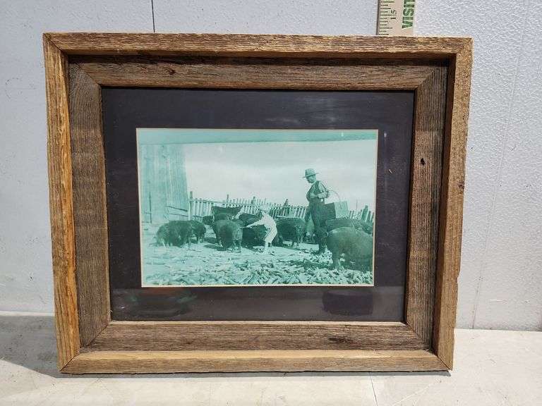 Vintage Pig Farm Picture In Barnwood Frame 14''X17''