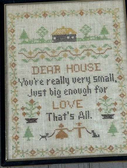 Antique Framed Cross-Stitch Artwork With ‘Dear House’ Quote