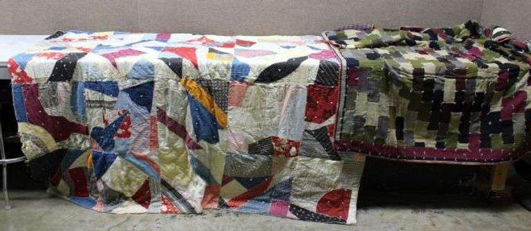 Two Hand-Stitched Patchwork Quilts in Assorted Patterns and Colors