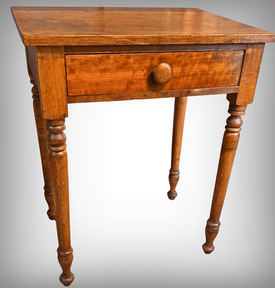 Beautiful Tiger Maple, Turned Legged, Wooden Side Table With Single Drawer