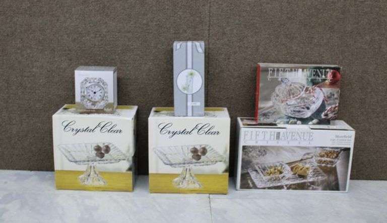 Decorative Crystal Items Including Shannon Clock, Plates, and Vase