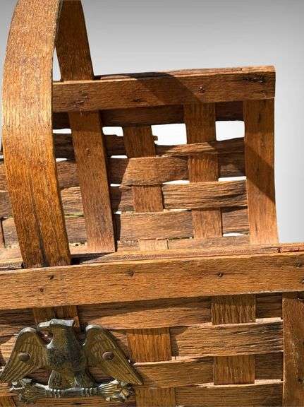 Vintage Wooden Woven Magazine Rack with Brass Eagle Embellishment