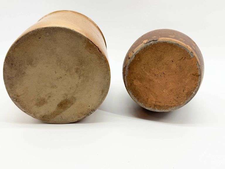 Brown Glazed Ceramic Pitcher and Matching Cylindrical Crock