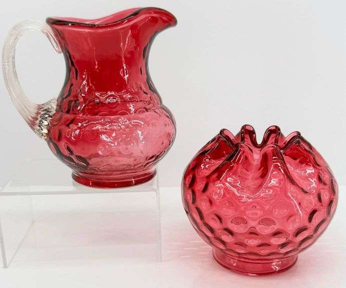 Fenton Ruby Red Hobnail Glass Pitcher and Matching Rose Bowl Set
