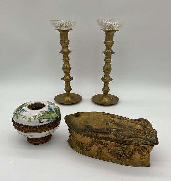Antique Art Nouveau Style Jewelry Casket, Inkwell and Pair of Brass Candlestick Holders
