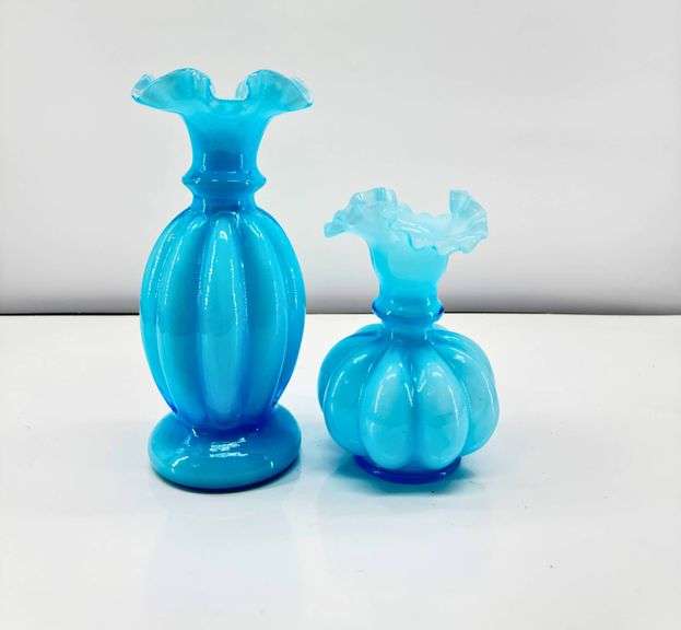 Fenton Blue Mellon Glass Vases with Ruffled Rims