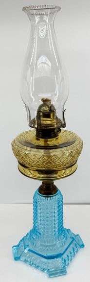 Beautiful Antique “1000 Eye” Blue and Amber Glass Oil Lamp with Brass Accents