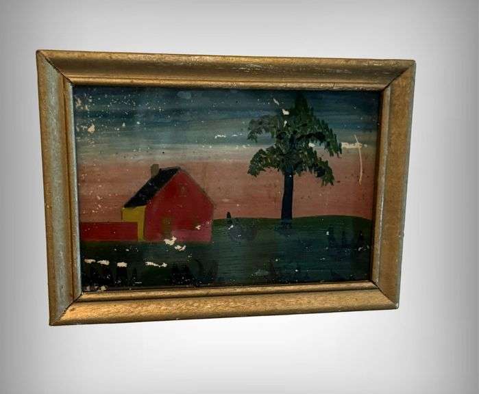 Antique Reverse Painted Framed Landscape Painting with House and Tree