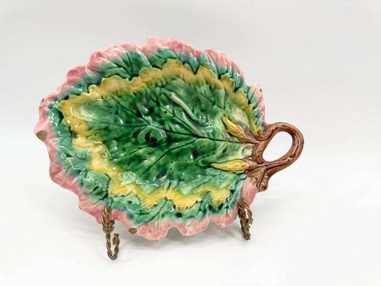 Antique Etruscan Majolica Leaf-Shaped Dish with Handle