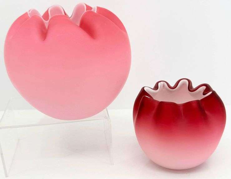 Victorian Pink Satin Glass Rose Bowls with Ribbed Ruffled Rim